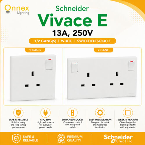 1 Schneider Vivace E, 13A, 250V, 1/2 gang(s), white, Switched socket