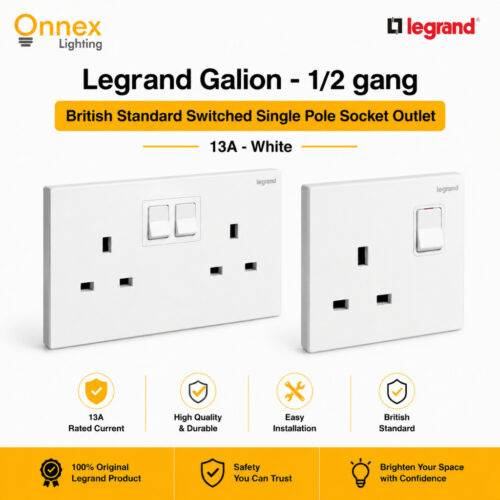 1 Legrand Galion - 1/2 gang British Standard switched single pole socket outlet - 13A - White