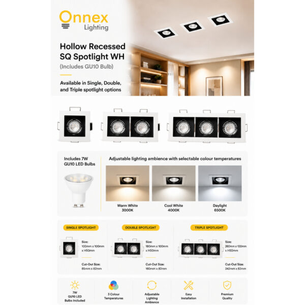 2 Hollow Recessed SQ Spotlight WH (Includes GU10 Bulb)