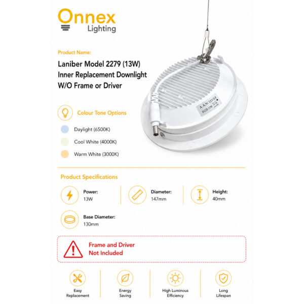 2 Laniber Model 2279 (13W) Inner Replacement Downlight W/O Frame or Driver