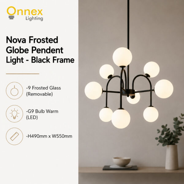 2 Nova Frosted Globe Pendant Light - Black Frame
