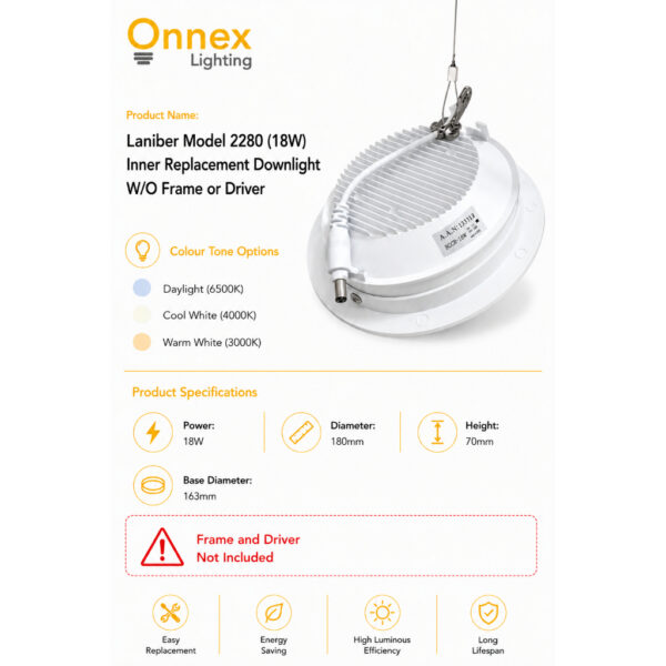 2 Laniber Model 2280 (18W) Inner Replacement Downlight W/O Frame or Driver