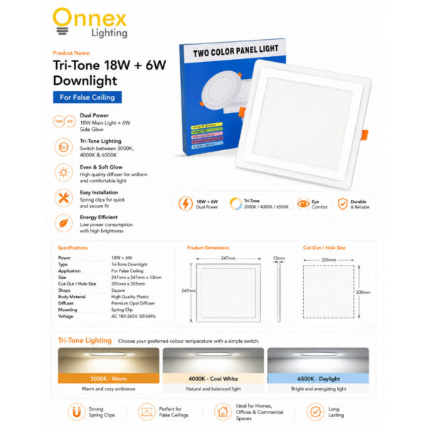 2 Tri-Tone 18W+6W Downlight (For False Ceiling)