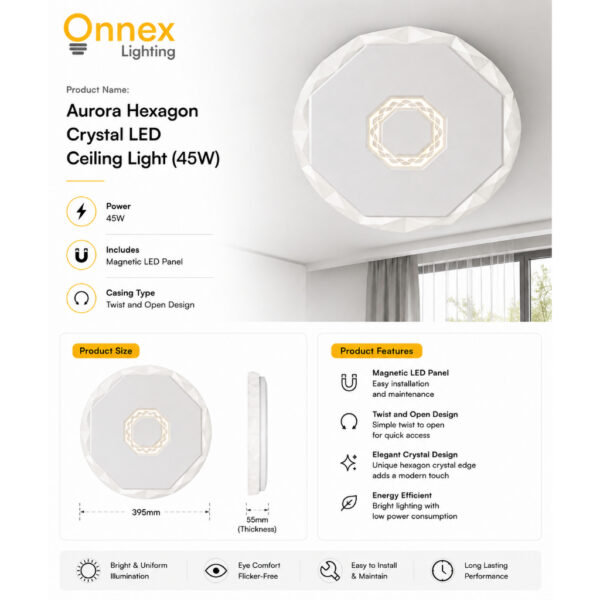 3 Aurora Hexagon Crystal LED Ceiling Light (45W)