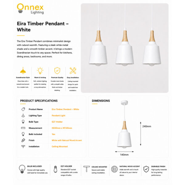 3 Eira Timber Pendant – White