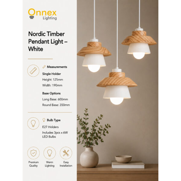 3 Nordic Timber Pendant Light - White / Black