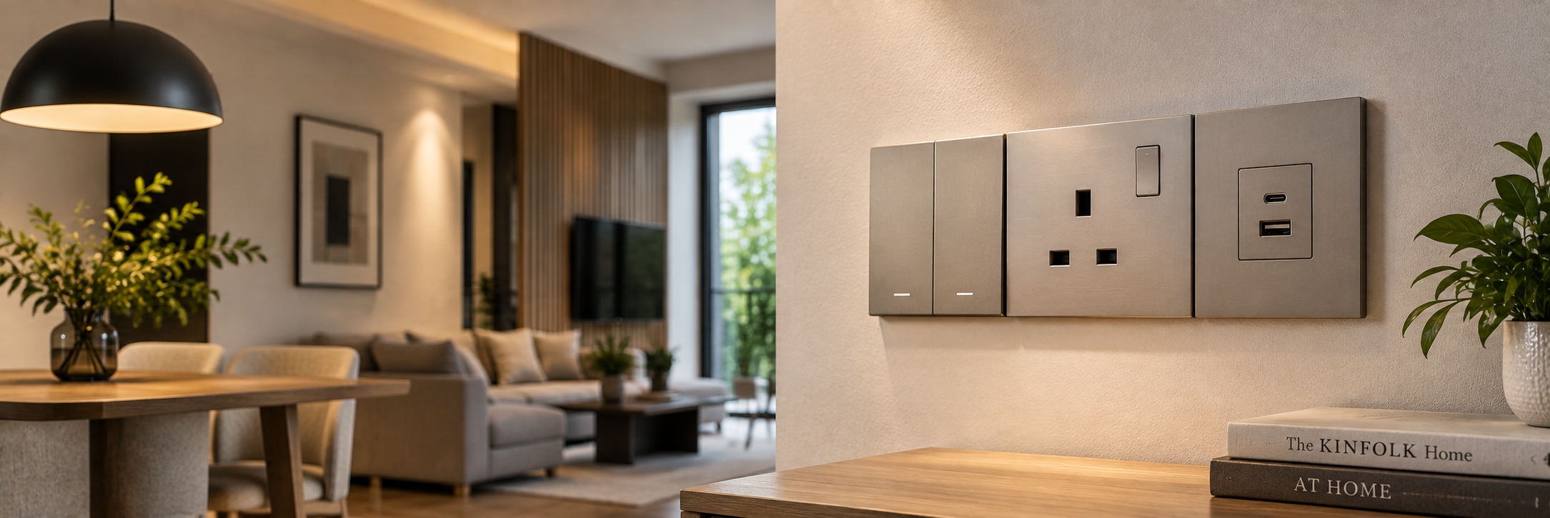 Modern Switches in a Warm Scandinavian Home LED light and E27 Plug-in Lamp Tester